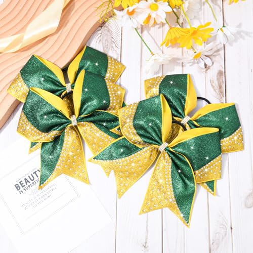Aileam Glitter Cheer Bows Bulk Set - Green & Gold Rhinestone 8-Inch Cheerleading Hair Accessories for Girls & Teens Variation of A-Glitter Green/Gold+Rhinestone / 8" (6 Pack)