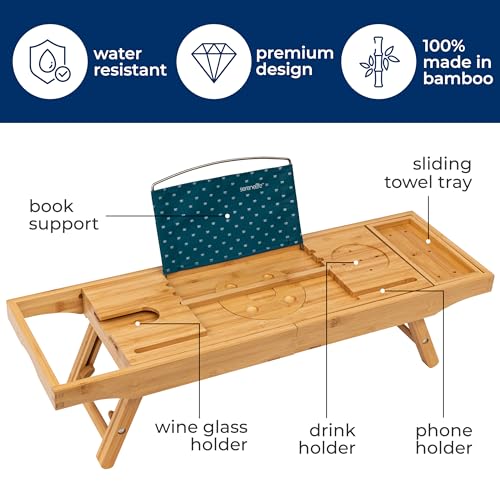 SereneLife 2-in-1 Foldable Bamboo Bathtub Caddy - Adjustable, Non-Slip, Device & Wine Glass Holder, Standard, Folding Set