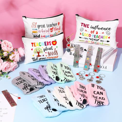 Paterr 24 Pcs Teacher Appreciation Gifts for Women Bulk Including Socks Makeup Bags Keychain Metal Bookmark for Valentine's Day(Good Teacher,Fleece)