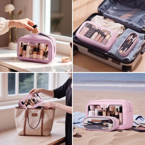 Pink Travel Makeup Bag Set - Waterproof Clear Cosmetic & Brush Organizer