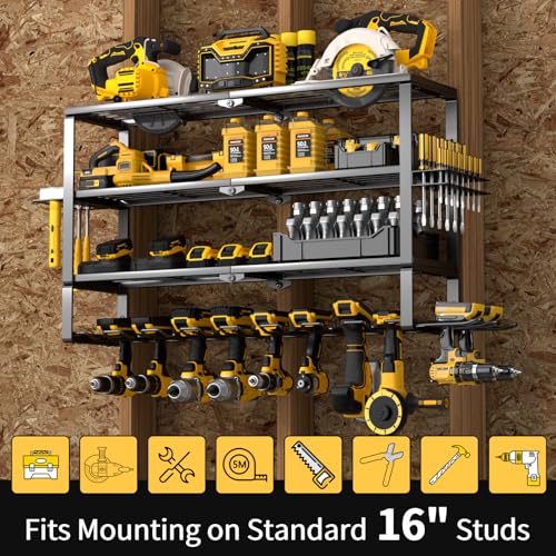 Heavy Duty Power Tool Wall Organizer Rack for 10 Cordless Drills - Extra Tall 4 Layer Storage Shelf