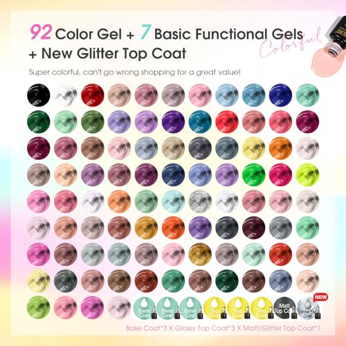 ROSALIND 100PCS Gel Nail Polish Set with 92 Colors & 8 Top Coat Variations