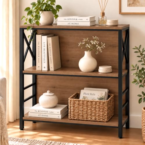 MNEETRUNG Brown 3-Tier Industrial Book Shelf, 29.5" Short Bookcase for Small Spaces