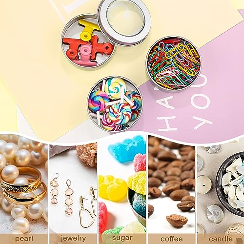 TecUnite 48 Pack 2 Ounce Metal Tin Cans Round Empty Container Salve Tins with Clear Lid for Kitchen, Office, Candles, Candies
