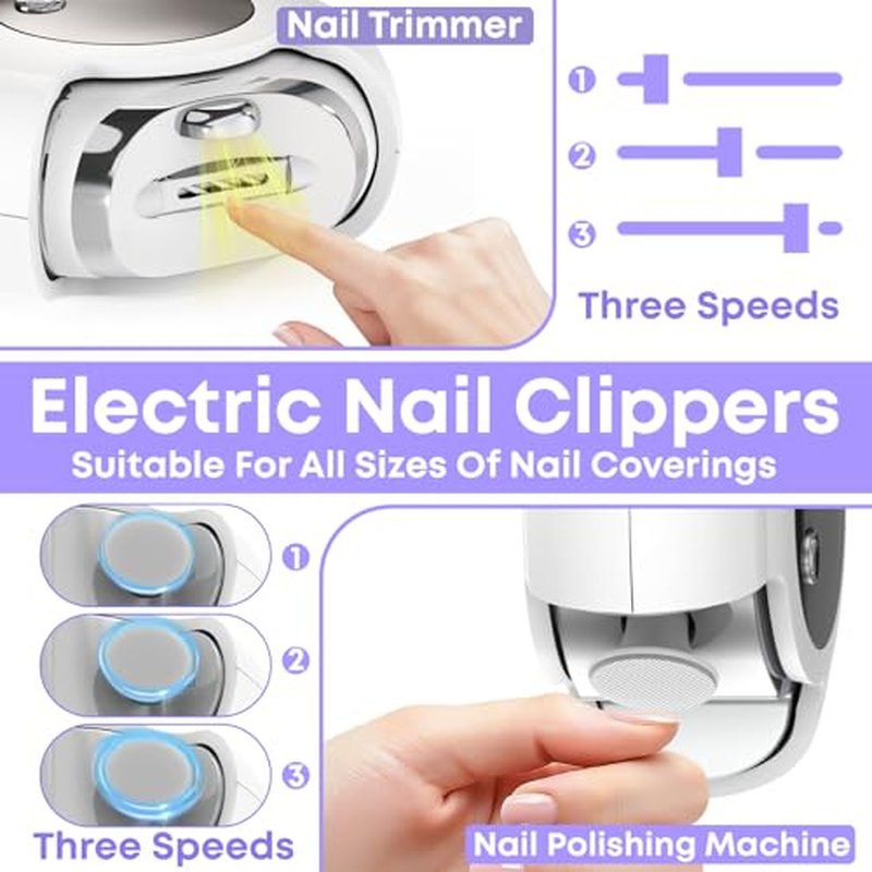 3-in-1 Electric Nail Clipper for Adults & Seniors, 3 Speeds Automatic Nail Clipper & Trimmer with LED Light 360¡Æ Rotating Fingernail Clipper with Polisher Rechargeable Electric Nail File