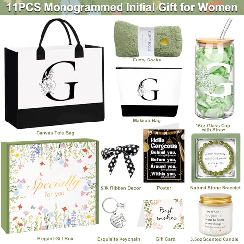 Birthday Gifts for Women, Personalized Mother¡¯s Day Gift for Women, Monogrammed Initial Gift for Her Teacher Wife Mom Friend Daughter Sister Girlfriend, Initial Tote Bag & Makeup bag (G)