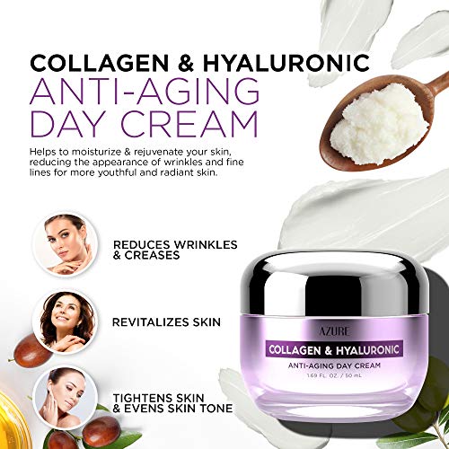 Azure Cosmetics Collagen & Hyaluronic Acid Face Moisturizer - Dermatologist Tested, Anti-Aging Cream for Fine Lines & Wrinkles - Ultra Hydrating Face Cream - Korean Skin Care - All Skin Type - 1.69 oz