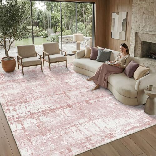 Pink 8x10 Modern Abstract Washable Area Rug - 0.31" Low-Pile, Non-Slip Backing, for Living Room