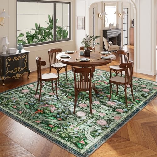 AMTOVO 8x10 Dark Green Washable Area Rug - Large Boho Floral Non-Slip Carpet for Living Room & Bedroom