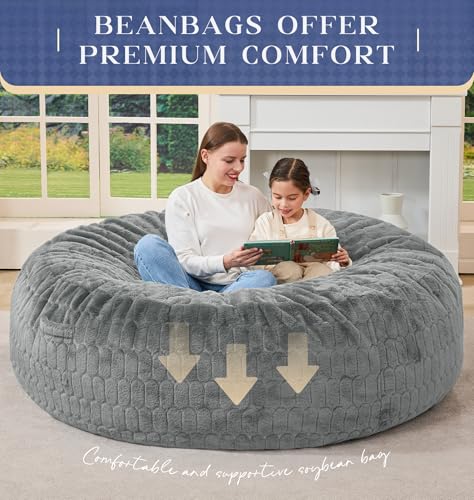 Giant 6FT Adult Bean Bag Chair - Light Grey, Jumbo Lounger with Flip Support