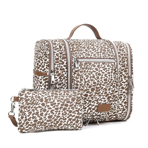Pearl Angeli Hanging Toiletry Bag for Women, Large Makeup Cosmetic Bag, Water Resistant Toiletries Travel Essentials Organizer, Full-size Container, Khaki Lepoard