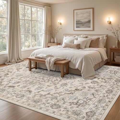 8x10 Washable Area Rug for Living Room and Bedroom - Brown Beige, Non-Slip Backing