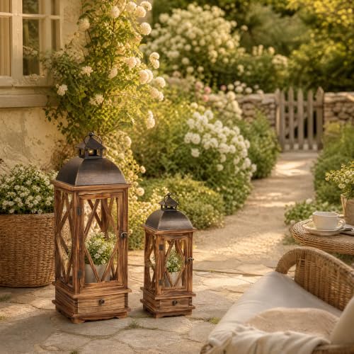 Decorative Wooden Lanterns Set of 2 - Rustic Farmhouse Indoor Outdoor Candle Holders