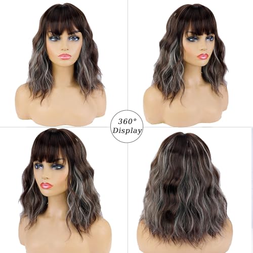 Brown Mixed Blonde Short Wavy Bob Wig with Bangs for Women - 14 Inch, Heat-Resistant Synthetic Hair