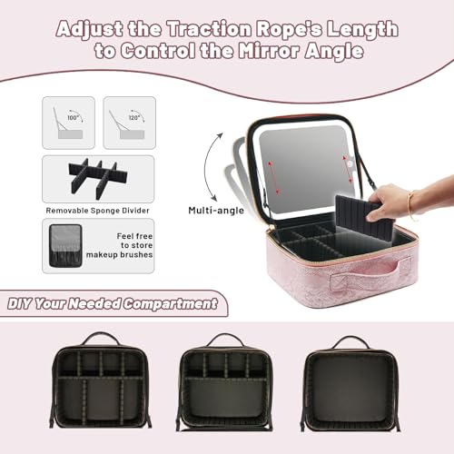 Travel Makeup Bag with LED Mirror ? 3 Brightness Modes, Portable Lighted Makeup Case with Adjustable Dividers, Cosmetic Organizer Gift for Women (Pink)