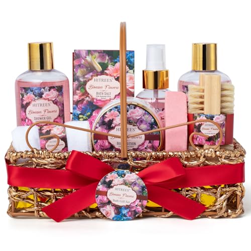 Hitrees Rose & Jasmine Gift Basket for Women, 9-Piece Spa Set with Body Care