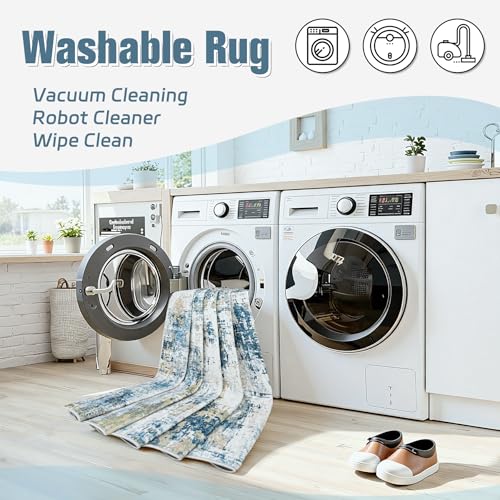 Blue 9x12 Washable Area Rug for Living Room - Soft Abstract Bedroom Carpet