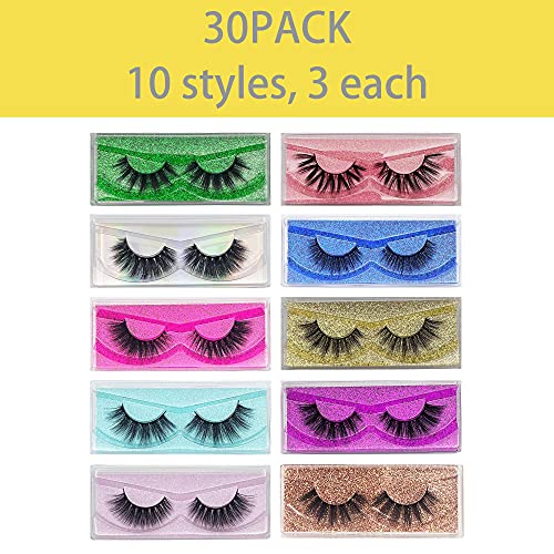 30 Pairs Faux Mink Eyelashes Bulk Set - Natural Fluffy 12-20mm 5D Fake Lashes, Reusable for Makeup & Beauty