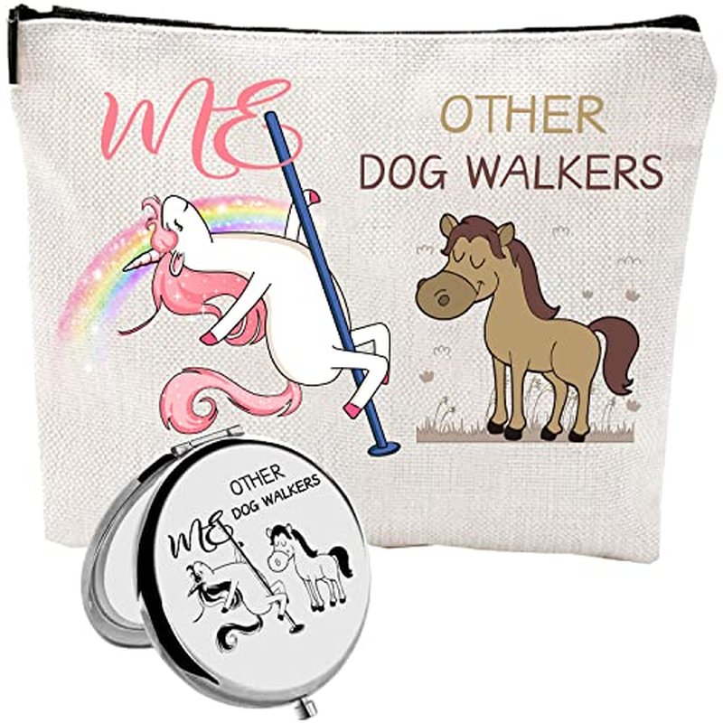 BoomBoomGifts Dog Walker Gifts for Women: White, Silver Animal Print Waterproof Linen Makeup Bag & Mirror