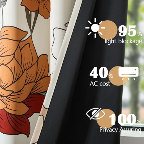 Boho Floral Blackout Curtains 84 Inch Grommet Panels - Orange/Red, 50W x 84L, Pack of 2