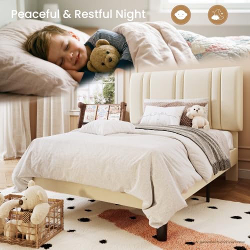 Cream Velvet Twin Size Bed Frame with Adjustable Headboard - SHA CERLIN