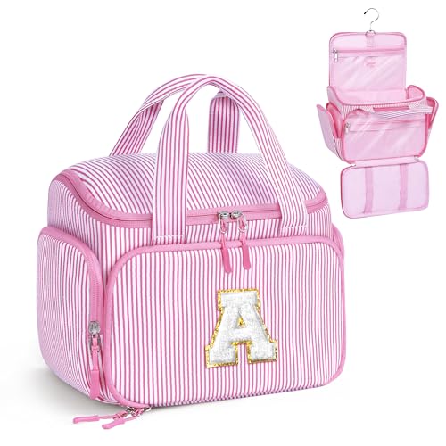 YOOLIFE Travel Toiletry Bag for Women, Initial Hanging Toiletry Bag for Teen Girls, Birthday Gifts for 10 11 12 13 14 15 16 17 Year Old Girls, Pink (A)