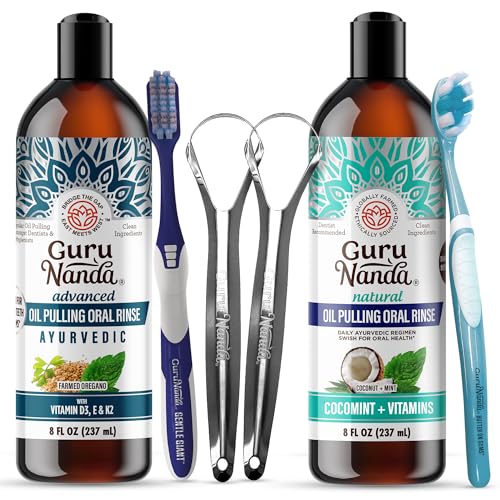Oil Pulling & Coconut Oil Bundle with Toothbrush & Tongue Scraper for Oral Hygiene