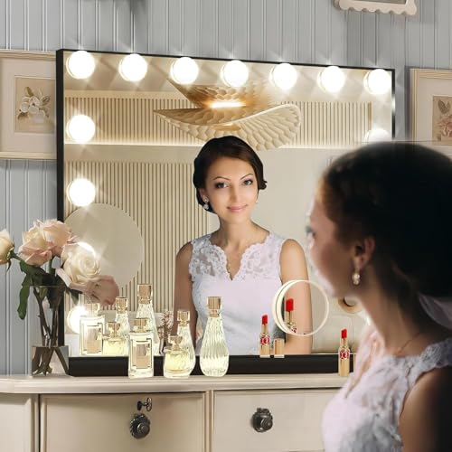 Black Hollywood Vanity Mirror with Lights, 15 Dimmable Bulbs, 3 Color Lights,Make Up Lighted Mirror, Aluminum Metal Frame, USB Charging Port£¨23" x 18"£©