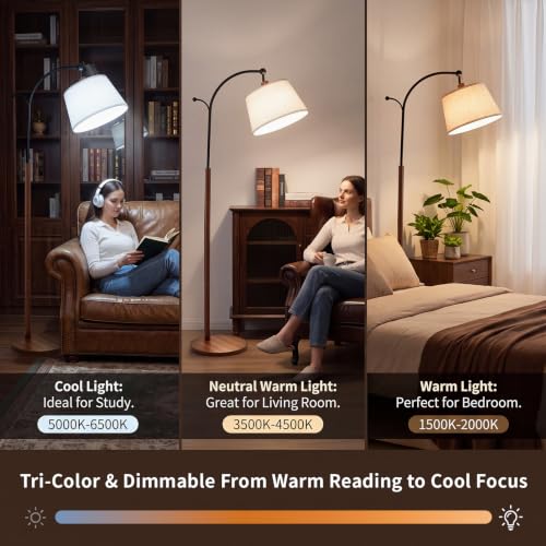 Wood Grain Arched Floor Lamp with Linen Shade - Dimmable 3-Color Temperatures, Foot Switch & Coat Hook - Bingyouth
