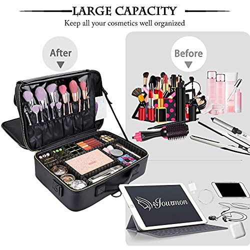 Large Capacity Travel Makeup Case - Black Portable Organizer with Adjustable Dividers and Shoulder Strap
