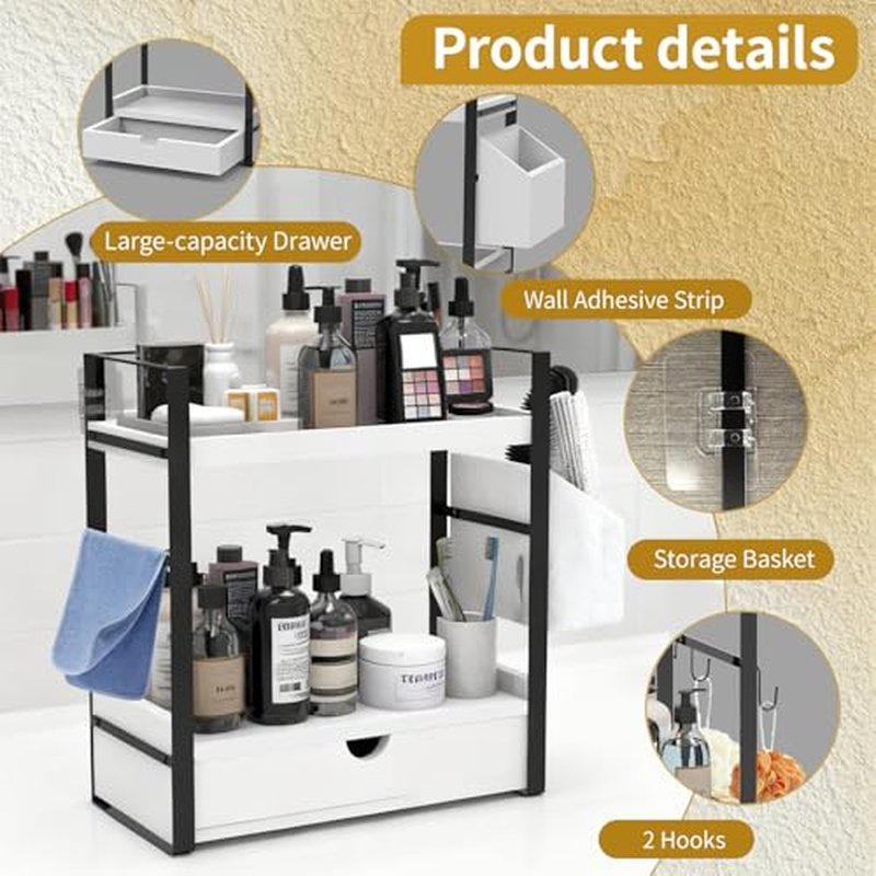 2-Tired Bathroom Counter Organizers and Storage, Bathroom Countertop Organizer with Drawer, Solid Wood Skincare Perfume Organizer for Vanity Kitchen Corner Shelf Office Countertop (White)