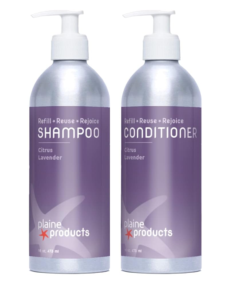 Plaine Products Citrus Lavender Shampoo & Conditioner Set – 16oz Each, Refillable Aluminum Bottles (Pack of 2)