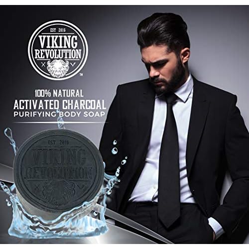 Viking Revolution Skin Cleaning Agent Activated Charcoal Soap for Men w/Dead Sea Mud, Body and Face, Cleanser,Cleansing Blackheads - Peppermint & Eucalyptus Scent 6 Oz (Pack of 1)