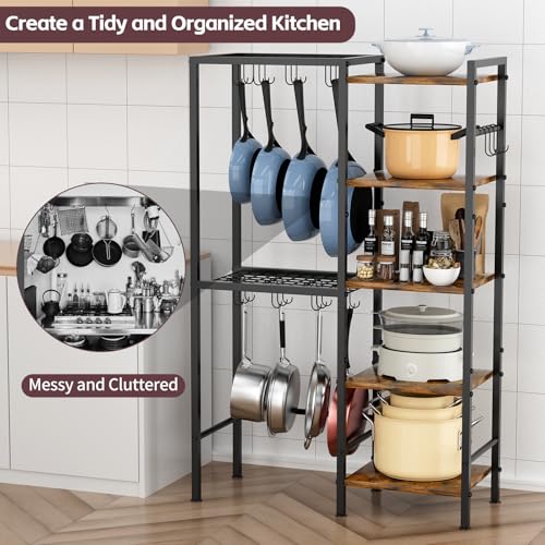Heavy-Duty 5-Tier Pot and Pan Organizer Rack with Hooks for Kitchen Storage