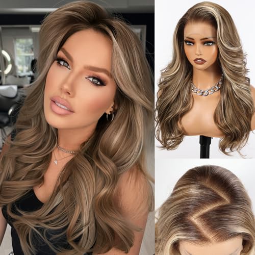 HD 13x6 Lace Front Synthetic Wig - 24 Inch Long Curly Brown Highlight Layered Wigs for Women