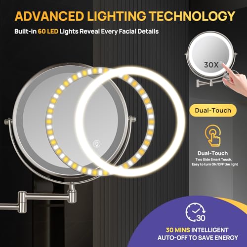 9-Inch Wall Mounted Lighted Makeup Mirror with 30X Magnification - Brushed Nickel