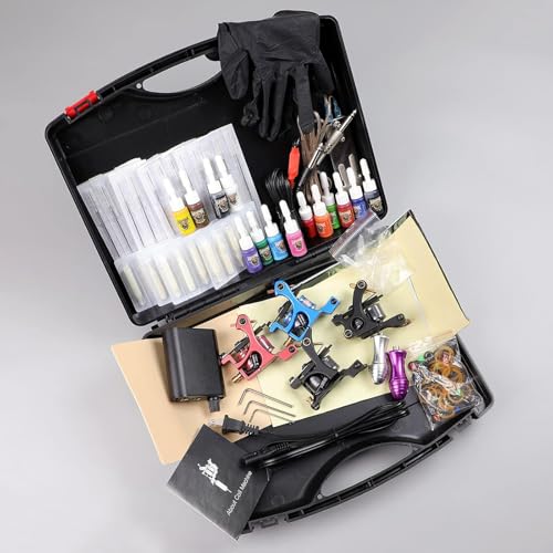 Purple Complete Tattoo Kit with 4 Machines, Power Supply, 14 Ink Colors & Accessories