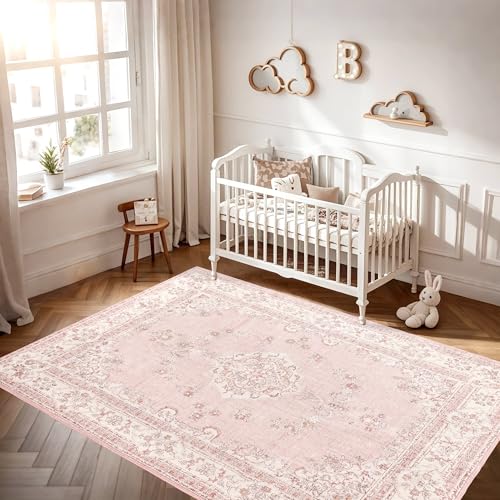 Pink Vintage 5x8 Washable Area Rug for Bedroom Girls - Soft & Stain-Resistant