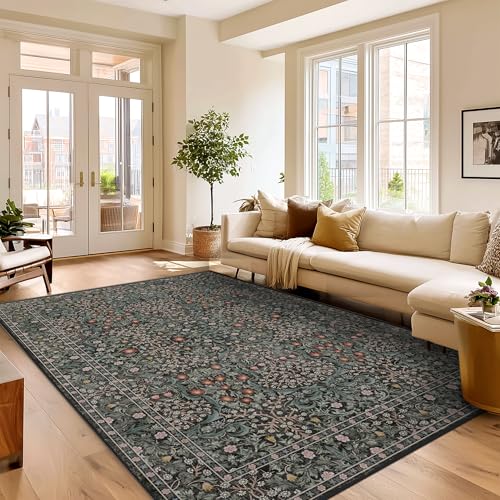 9x12 Green Washable Rug for Living Room with Non-Slip Base - Variation of Green / 9' x 12'