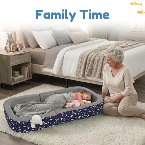 Toddler Travel Bed with Foam Rails & Storage Suitcase - Dark Blue