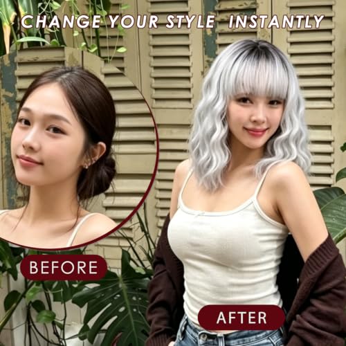 MINLEE Silver Gray Wigs for Women Short Bob with Bangs 14 Inch Curly Synthetic Hair Variation: Silver Gray