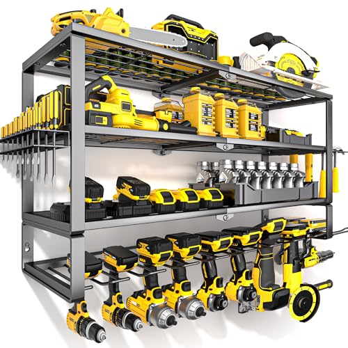Heavy Duty Power Tool Wall Organizer Rack for 10 Cordless Drills - Extra Tall 4 Layer Storage Shelf