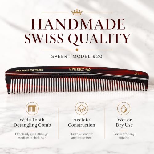 Speert #20 Handmade Swiss Tortoise Acetate Wide Tooth Hair Comb for Thick & Curly Hair - Variation #20