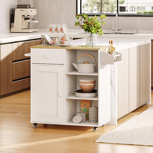 White & Natural Kitchen Island with Storage Drawer & Spice Rack - Mobile Kitchen Cart with Lockable Wheels