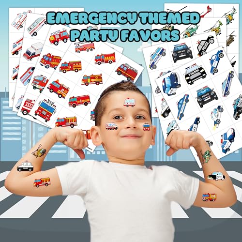 96 PCS Emergency Transportation Pre-Cut Temporary Tattoos Themed Birthday Party Decorations Favors Supplies Decor Vehicle Ambulance Tattoo Stickers Gifts For Game Boys Girls School Prizes Reward
