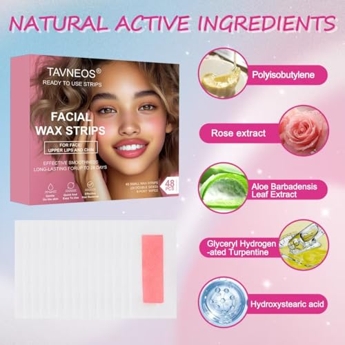 48 PCS Facial Wax Strips for Hair Removal on Face & Body | Gentle Rose Extract Formula for Sensitive Skin | At-Home Waxing Kit for Eyebrows, Upper Lip, Bikini, Brazilian with 6 Calming Oil Wipes