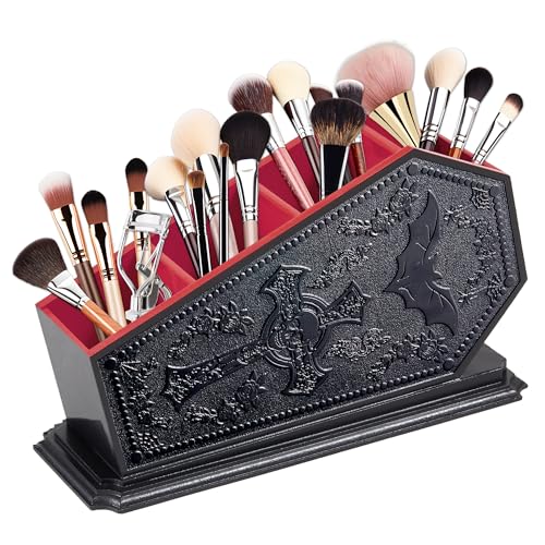 Gothic Coffin Makeup Brush Holder - Red Bat Cosmetic Display Case, Witchy Vanity Organizer