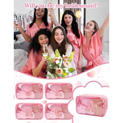 Gift Sets for Women, Initial Makeup Bag with Makeup Brush Set Bachelorette Party Favors, Pink Spa Kit with Skincare Headbands Wrist Bands Sleepover Party Supplies Gifts for Teen Girls Bridesmaid A