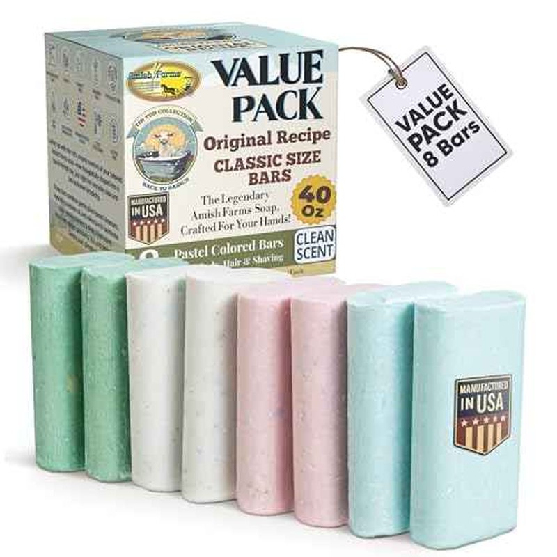 Amish Farms Soap Value Pack? 8 Easy-to-Grip Hydrating Bars (5 oz Each, 2.5 lb) | Cold-Process, USA Made for Sensitive Skin, Face, Hair & Body | Gentle Clean Scent Original Recipe ? Tin Tub Collection