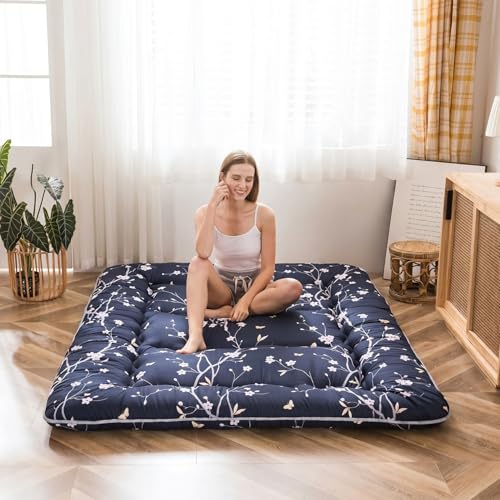 MAXYOYO Navy Floral Japanese Floor Mattress 4-Inch Queen Size Futon